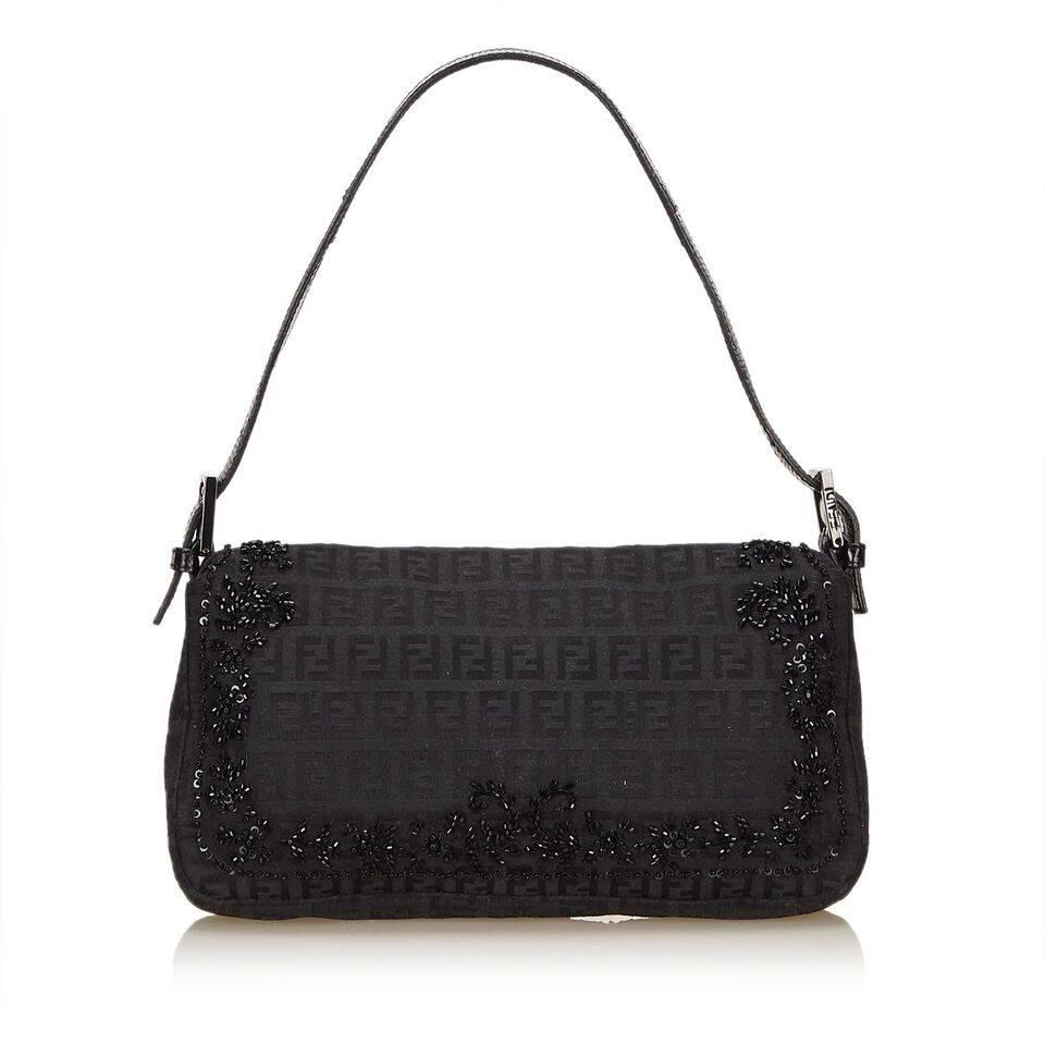 Black Fendi Beaded Zucchino Baguette Bag In Good Condition In New York, NY