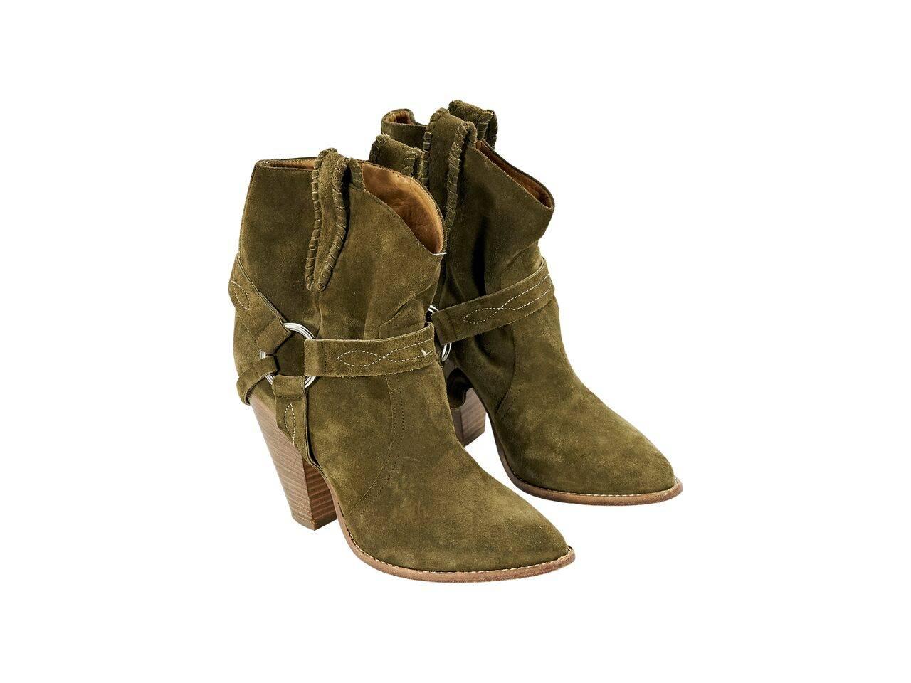 Product details:  Olive green suede Rawson ankle boots by Etoile Isabel Marant.  Dual top pull tabs.  Chunky stacked heel.  Rounded almond toe.  Pull-on style.  
Condition: Pre-owned. Very good.
Est. Retail $ 895.00