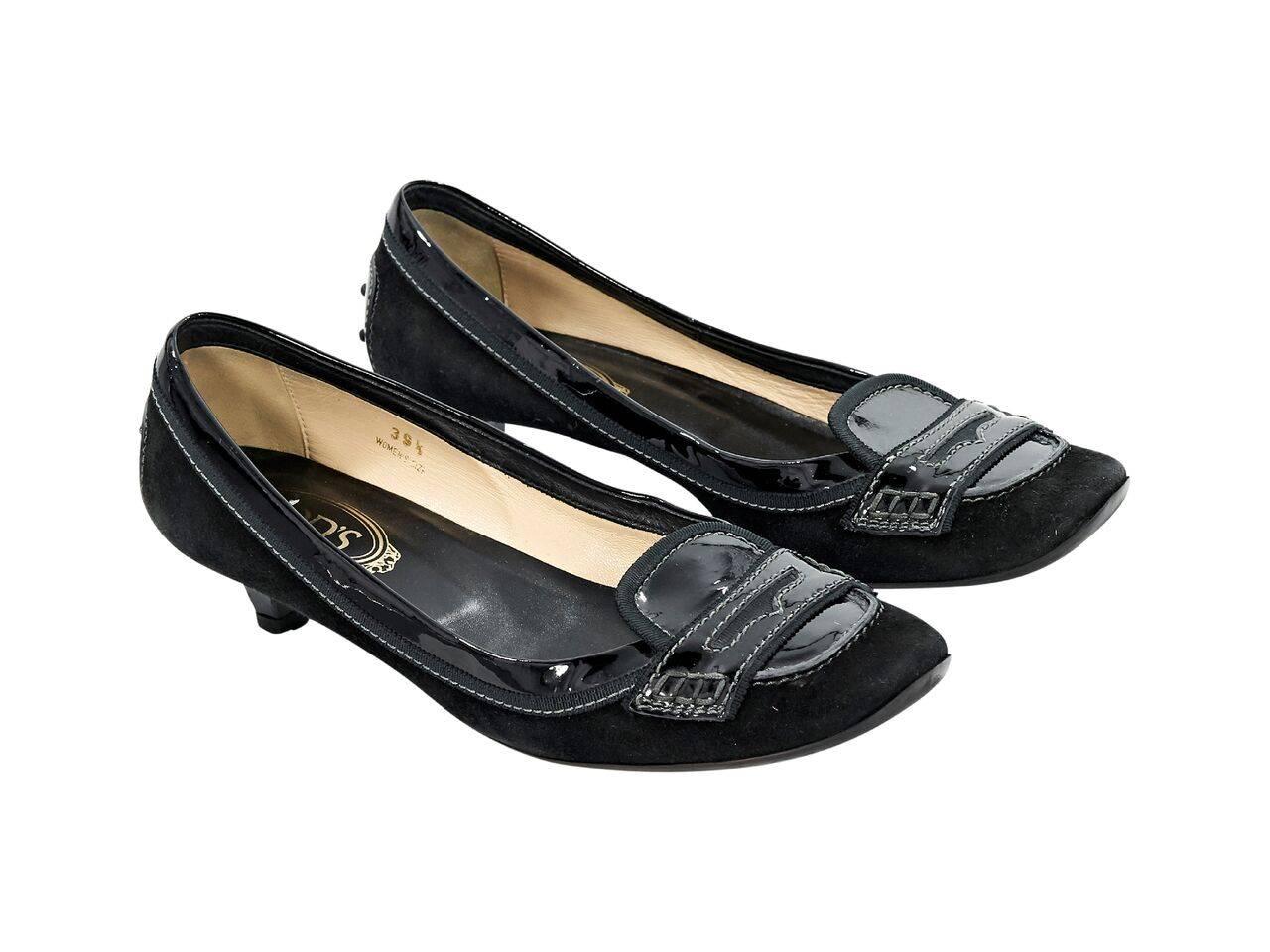 Product details:  Black suede loafer kitten heels by Tod's.  Trimmed with patent leather.  Round toe.  Slip-on style. 
Condition: Pre-owned. Very good.
Est. Retail $ 398.00