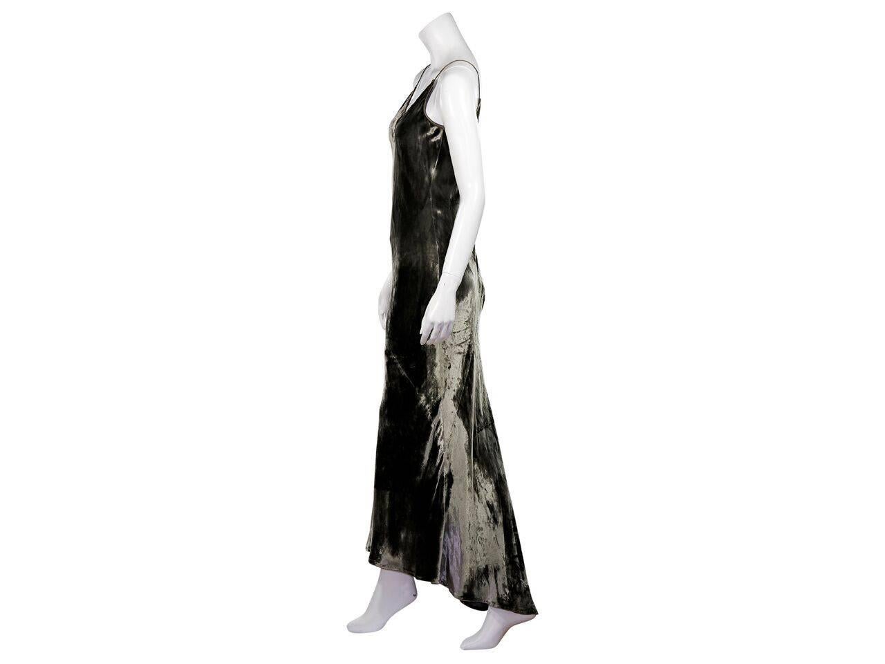 Product details:  Grey silk velvet gown by Pamela Dennis.  V-neck.  Sleeveless.  Deep v-back.  Concealed back zip closure.  
Condition: Pre-owned. Very good.
Est. Retail $ 698.00