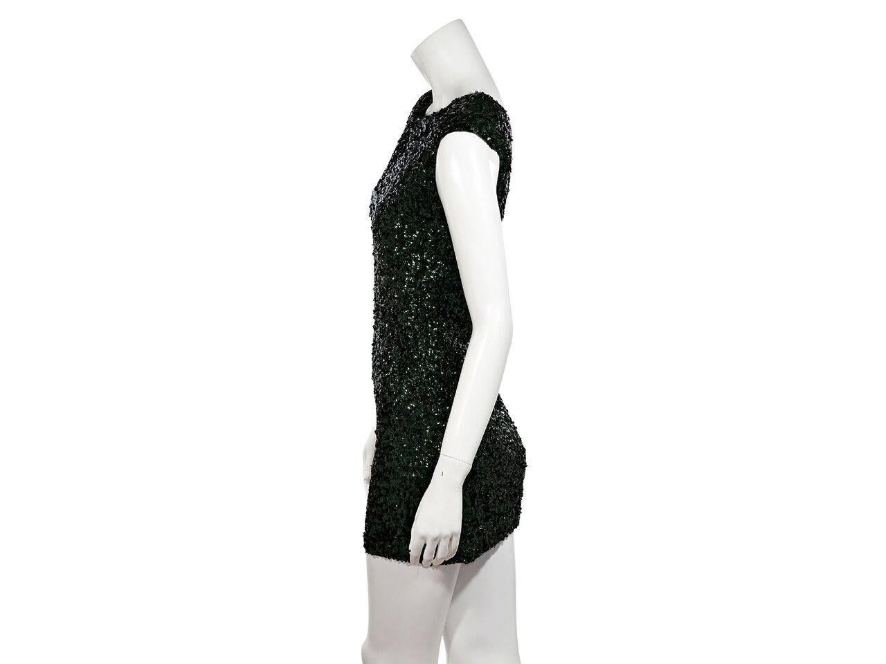 Product details:  Emerald green sequin mini dress by Alice + Olivia.  Boatneck.  Cap sleeves.  Button back closure with keyhole cutout.  
Condition: Pre-owned. Very good.
Est. Retail $ 448.00