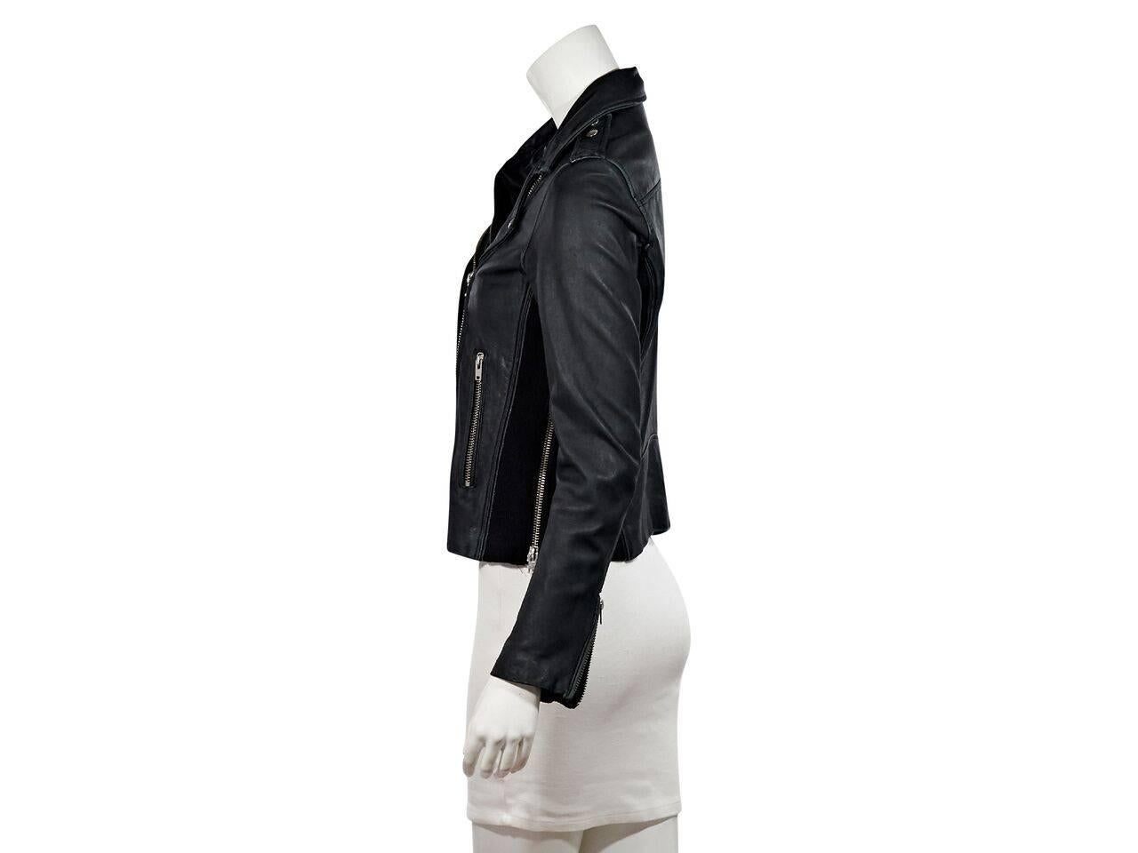 Product details:  Black distressed leather jacket by Iro.  Long sleeves.  Zip cuffs.  Notched lapel.  Asymmetrical zip-front closure.  Chest and waist zip pockets.  Side ribbed knit panels.  Silvertone hardware.  Label size FR 42.
Condition: