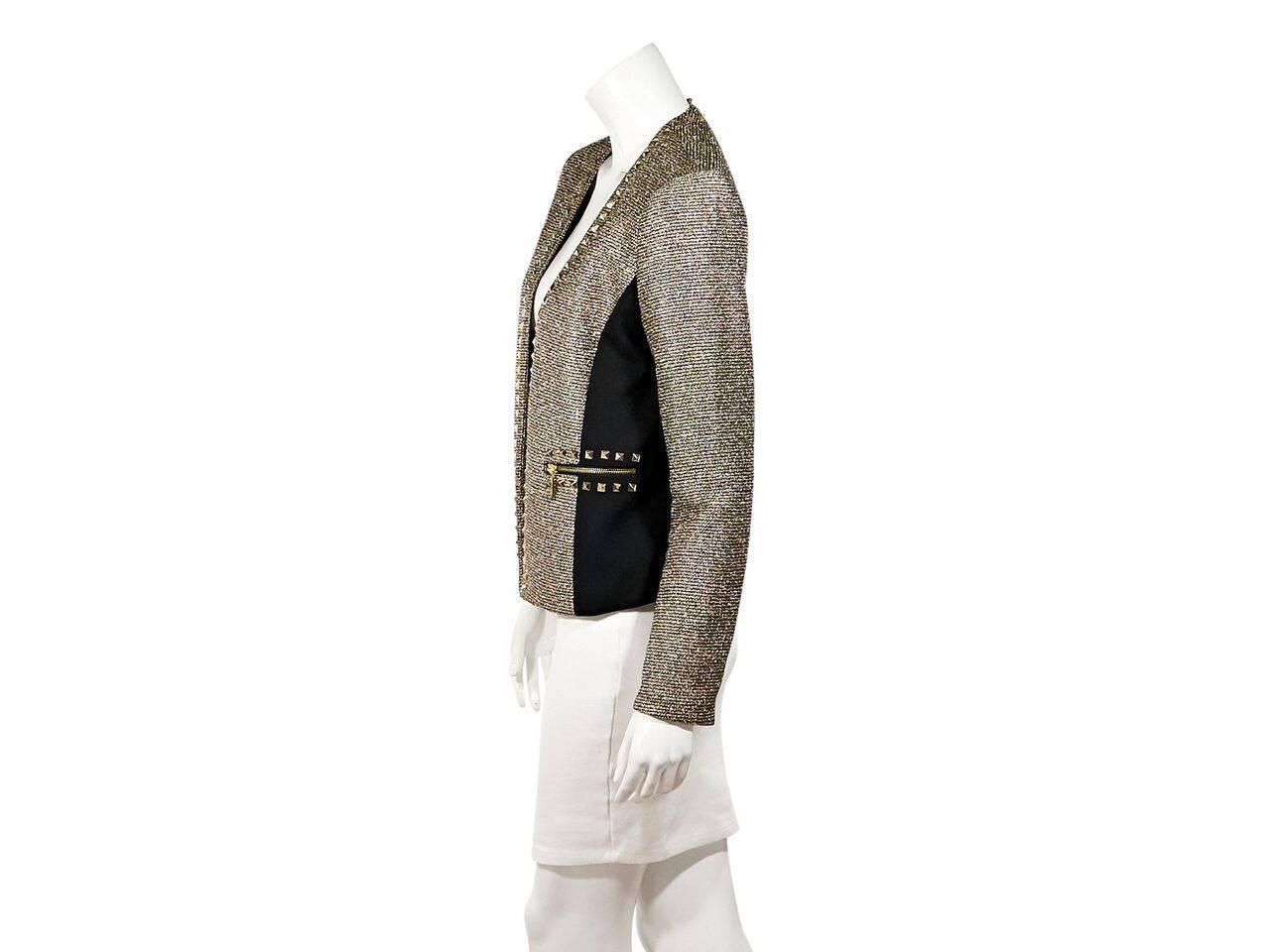 Product details:  Metallic gold and black woven blazer by Michael Michael Kors.  Trimmed with pyramid studs.  Long sleeves.  Open front.  Waist zip pockets.  Goldtone hardware.  
Condition: Pre-owned. Very good.
Est. Retail $ 398.00