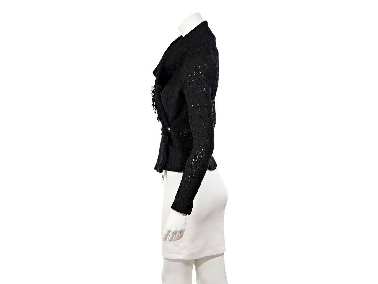 Product details:  Black woven moto jacket by Iro.  Fringed trim.  Long sleeves.  Concealed asymmetrical front closure.  Label size FR 34. 
Condition: Pre-owned. Very good.
Est. Retail $ 498.00