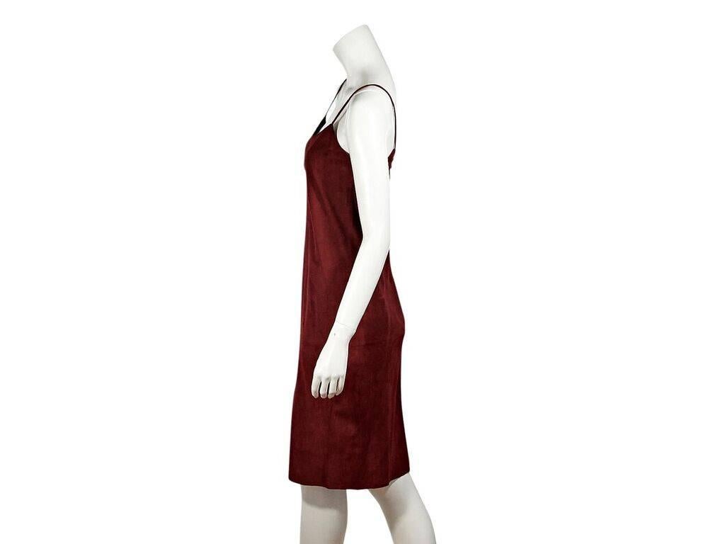 Product details:  Red suede slip dress by Theory.  Scoopneck.  Sleeveless.  Concealed back zip closure.  
Condition: Pre-owned. New with tags.
Est. Retail $ 895.00