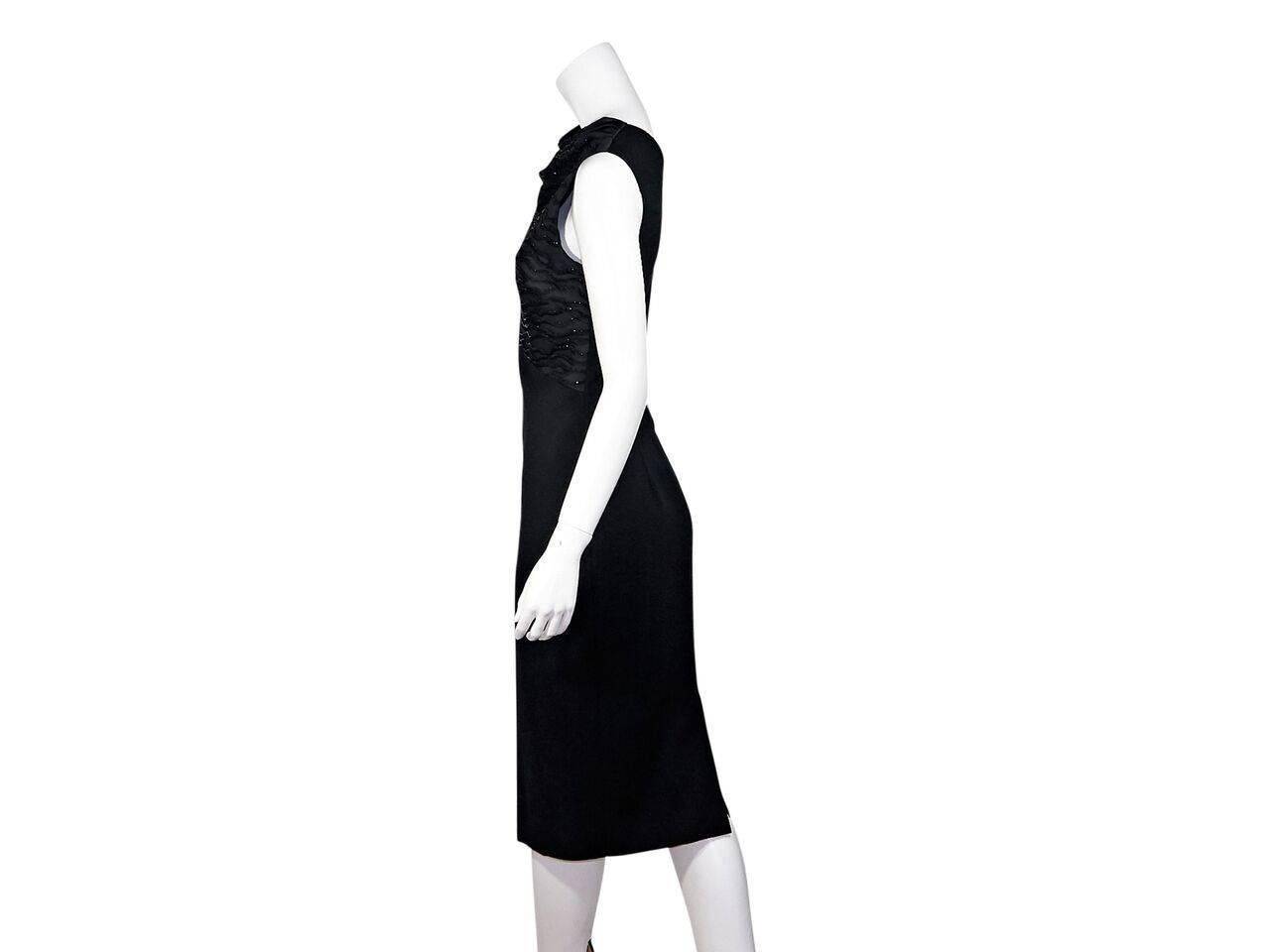 Product details:  Black sheath dress by Jason Wu.  Cowlneck.  Beaded bodice.  Sleeveless.  Concealed back zip closure.  Back center hem vent. 
Condition: Pre-owned. Very good.
Est. Retail $ 1,695.00