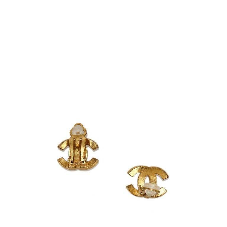 Chanel Gold Crystal Logo Clip-On Earrings In Good Condition In New York, NY