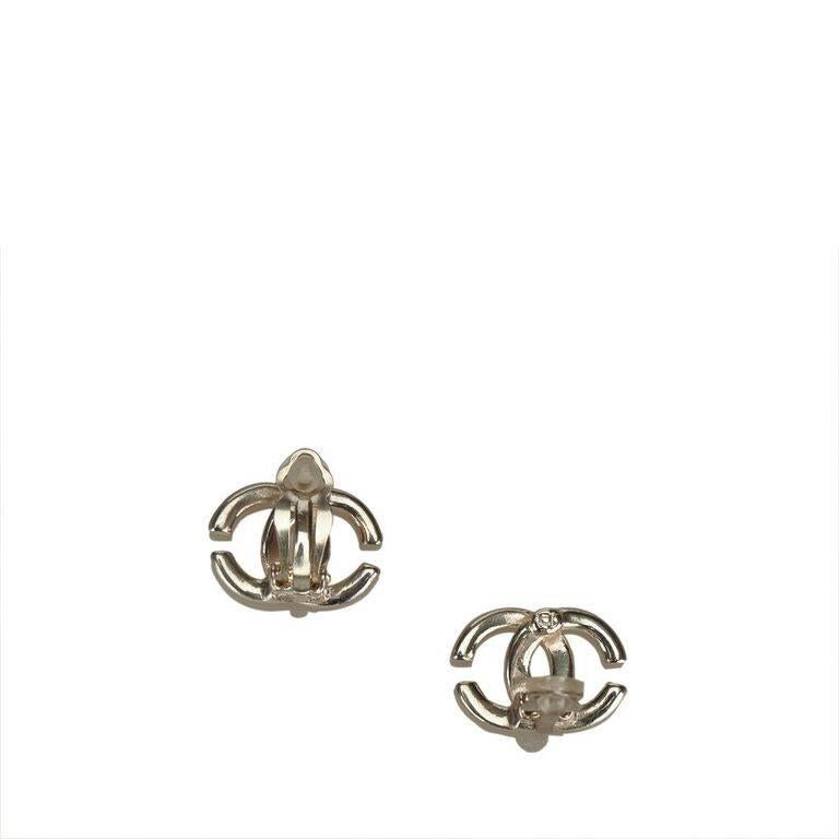 Product details:  Logo clip-on earrings by Chanel.  Silvertone hardware.  1" wide.  Original box and tag included.
Condition: Pre-owned. Very good.  
Est. Retail $ 480.00
