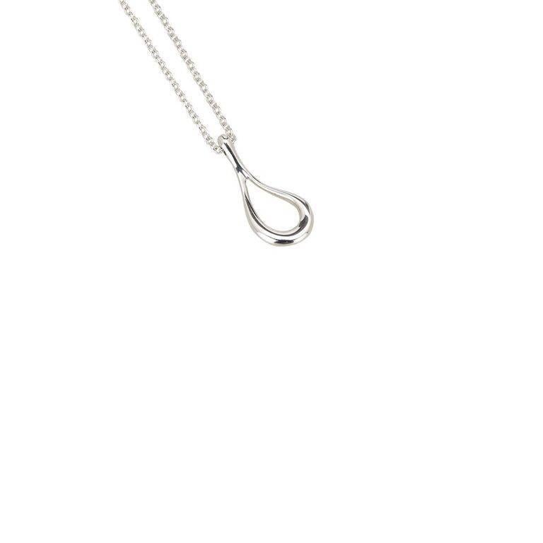 Product details:  Sterling silver pendant necklace by Tiffany & Co.  Open teardrop pendant.  Spring ring closure.  16