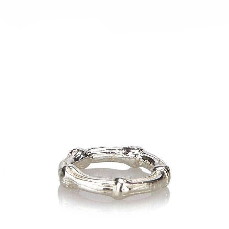 Product details:  Sterling silver bamboo ring by Tiffany & Co.  Ring size Euro 45. 
Condition: Pre-owned. Excellent. 
Est. Retail $ 200.00