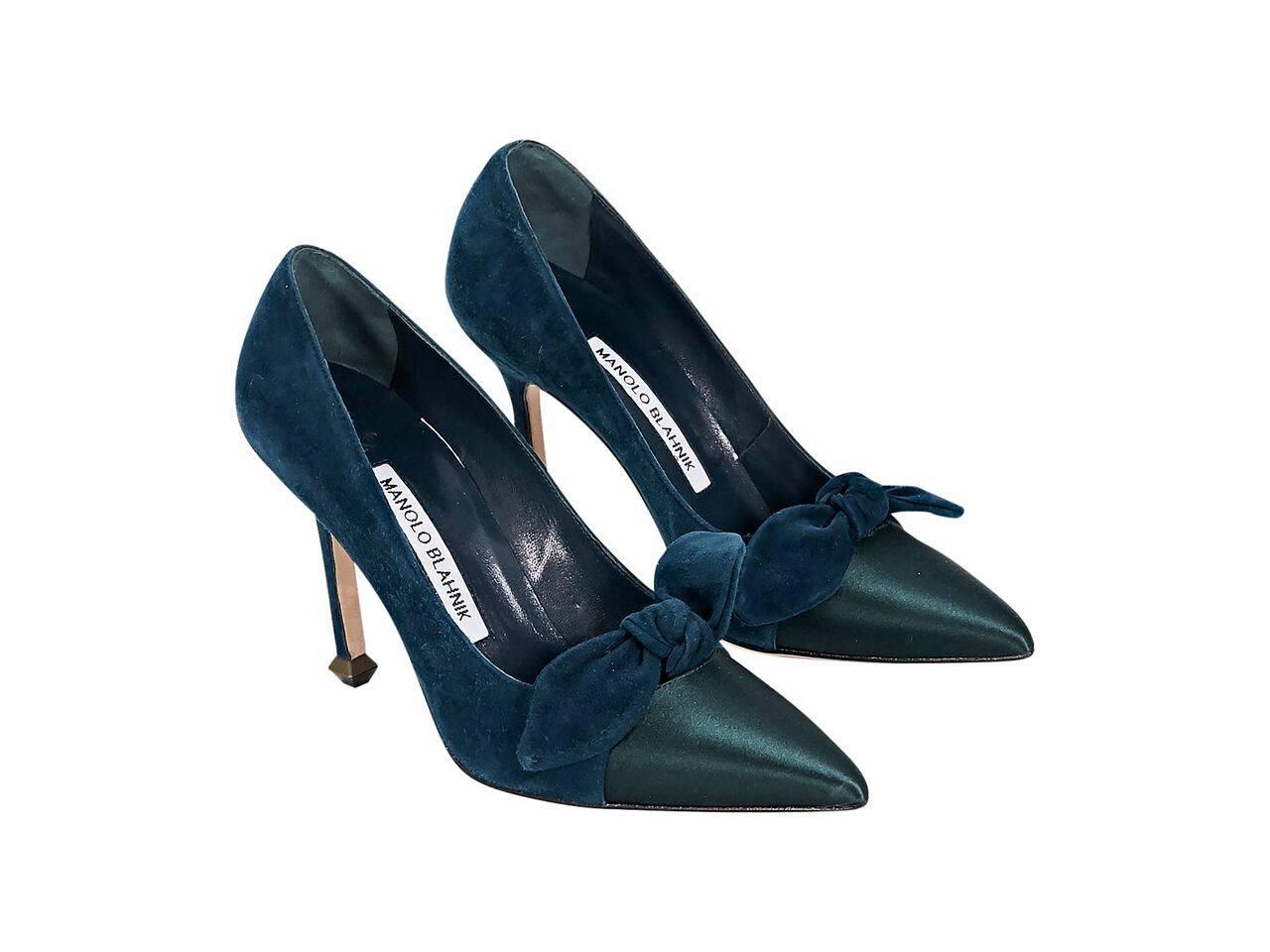 Product details:  Teal suede and satin pumps by Manolo Blahnik.  Point cap toe.  Slip-on style. 
Condition: Pre-owned. Very good.
Est. Retail $ 898.00