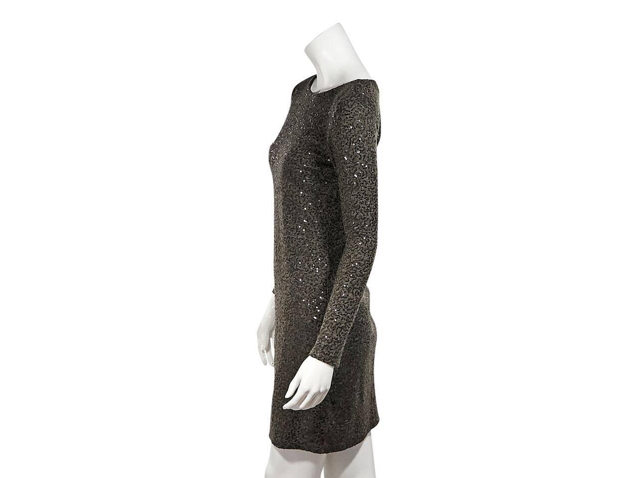 Product details:  Olive green sequin mini dress by Alice + Olivia.  Wide jewelneck.  Long sleeves.  Exposed back zip closure.  Sheer back panel. 
Condition: Pre-owned. Very good.
Est. Retail $ 298.00