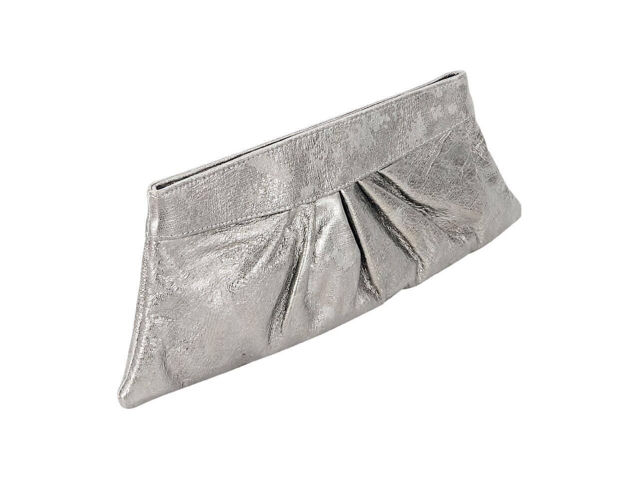 Product details:  Metallic grey leather Eve clutch by Lauren Merkin.  Hinged top closure.  Lined interior.  Front and back pleats.  12.5