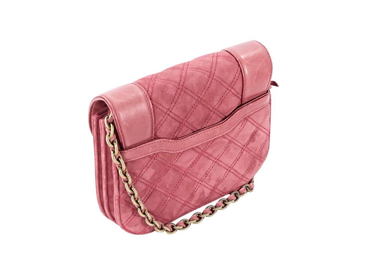 Product details:  Pink quilted nubuck Spice crossbody bag by Marc Jacobs.  Trimmed with smooth leather.  Tuck-away chain and leather crossbody strap.  Front flap with push lock and key closure.  Lined interior with inner open and zip compartments