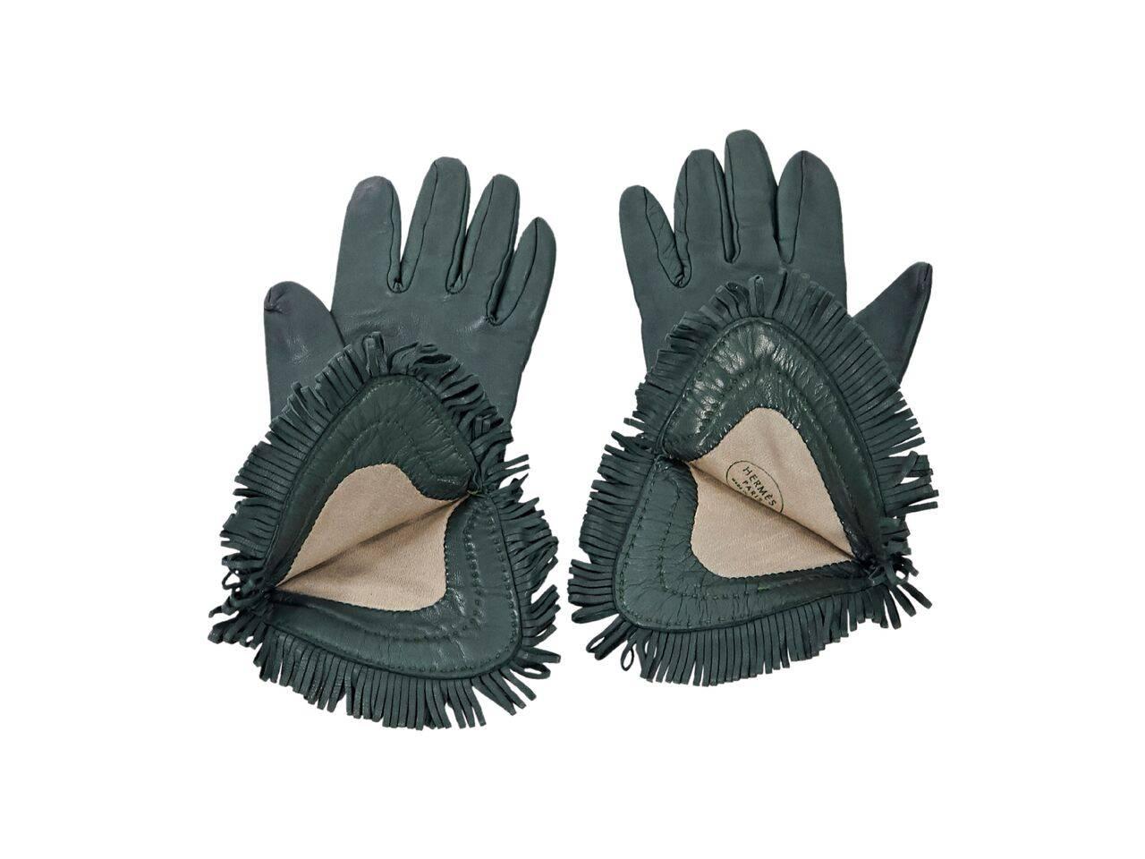 Black Green Hermes Leather Fringed Gloves