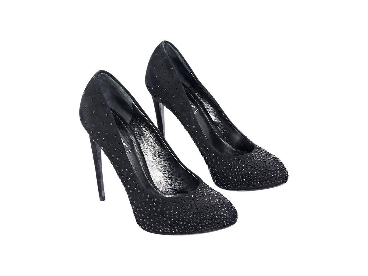 Product details:  Black suede pumps by Dolce & Gabbana.  Embellished with black crystals.  Round almond toe.  Slip-on style. 
Condition: Pre-owned. Very good.
Est. Retail $ 975.00