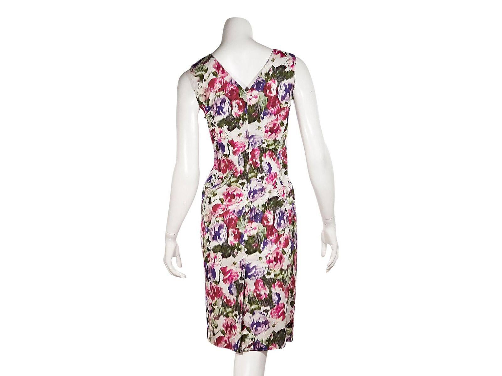 Product details:  Multicolor floral sheath dress by Philosophy di Alberta Ferretti.  V-neck.  Sleeveless.  Concealed side zip closure.  V-back.  Back center hem vent.  
Condition: Pre-owned. New with tags.
Est. Retail $388