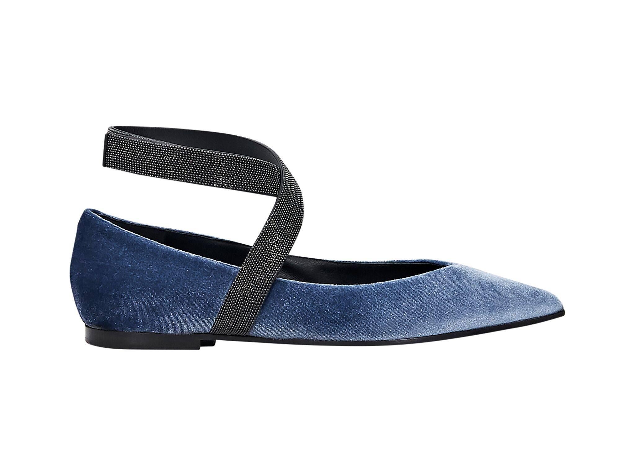Product details:  Blue velvet skimmer flats by Brunello Cucinelli.  Crisscross embellished ankle strap.  Point toe.  
Condition: Pre-owned. Very good.
Est. Retail $1,295