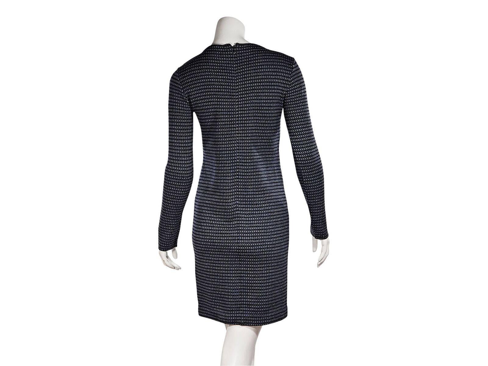 Product details:  Blue knit dress by JIl Sander.  Jewelneck.  Long sleeves.  Concealed back zip closure.  Chest and waist patch pockets.  32