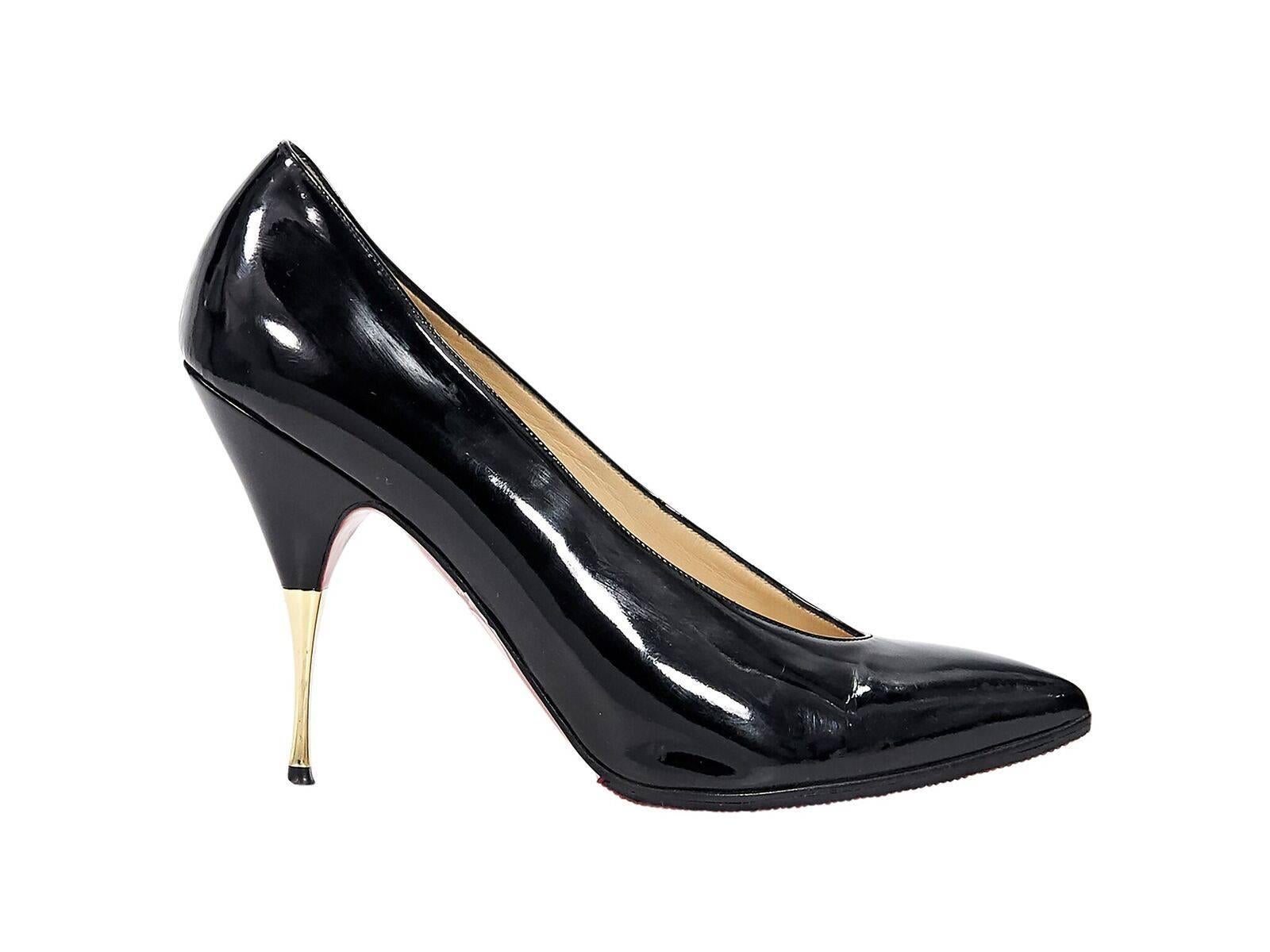 Product details:  Black patent leather pumps by Christian Louboutin.  Point toe.  Goldtone accented heel.  Iconic red sole.  Slip-on style. 
Condition: Pre-owned. Very good.
Est. Retail $1,795