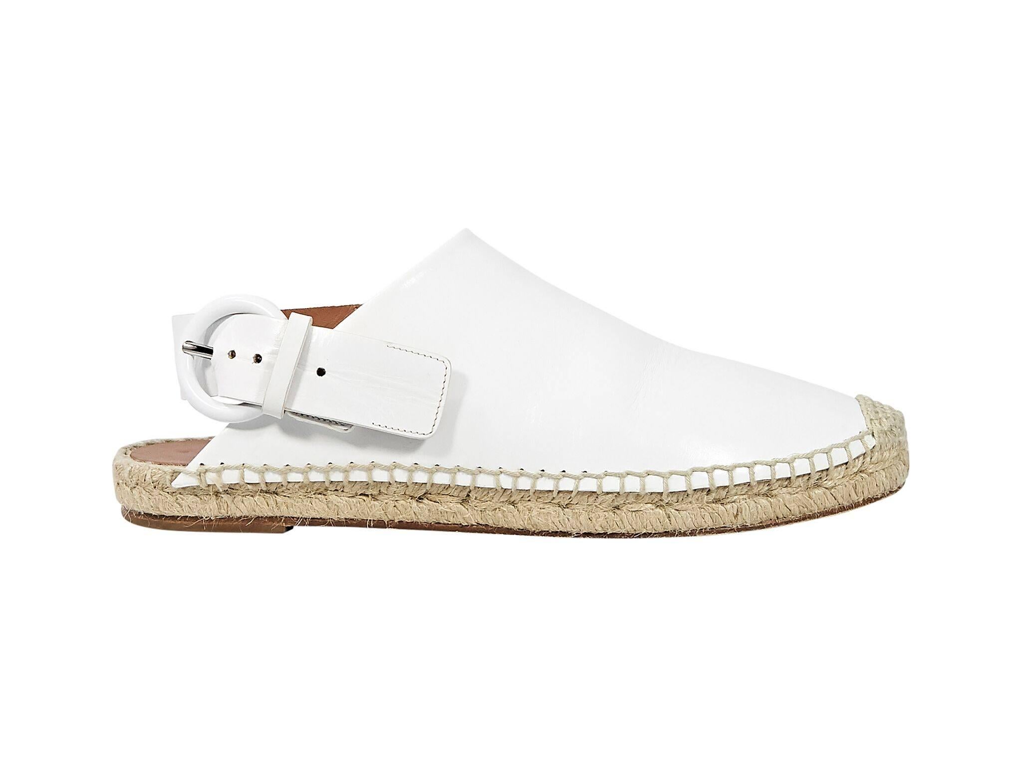 Product details:  White leather flat espadrilles by Celine.  From 2017.  Convertible adjustable slingback strap.  Round toe.  
Condition: Pre-owned. Very good.
Est. Retail $640 