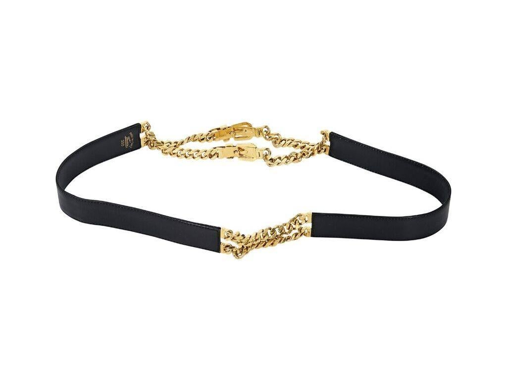 Product details:  Vintage black leather and chain belt by Gucci.  Double flip-lock closures.  Goldtone hardware.  Size 100.  38