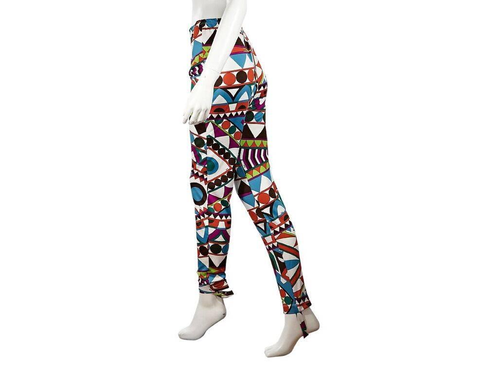 Product details:  Vintage multicolor printed stirrup leggings by Emilio Pucci.  Elasticized waist.  Pull-on style.  28