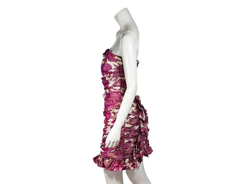 Product details:  Multicolor floral-printed ruched cocktail dress by Oscar de la Renta.  Strapless.  Concealed side zip closure.  Back ruffled hem.  32