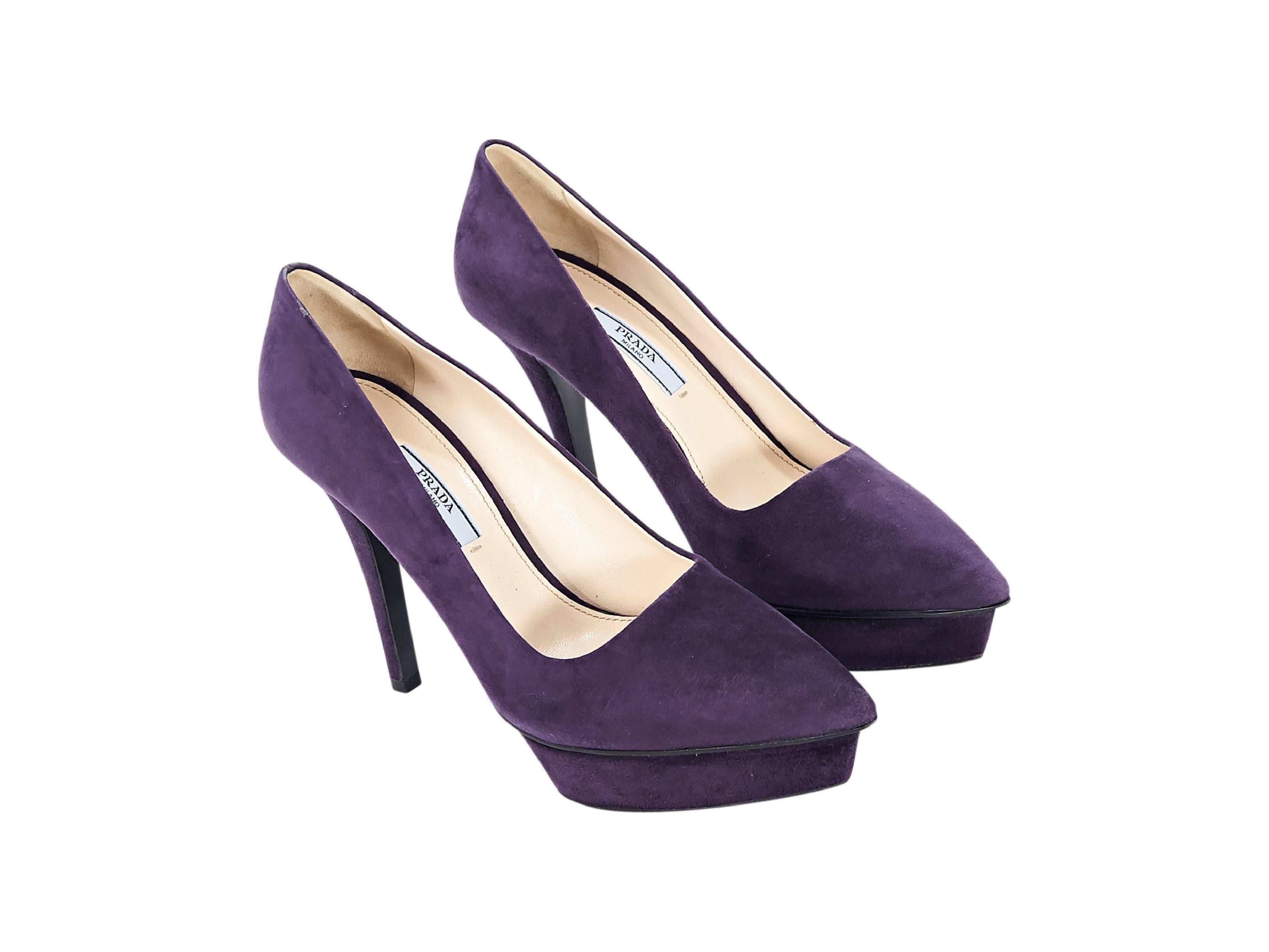 Product details:  Purple suede platform pumps by Prada.  Point toe.  Slip-on style.  EU size 38.5.  4.5