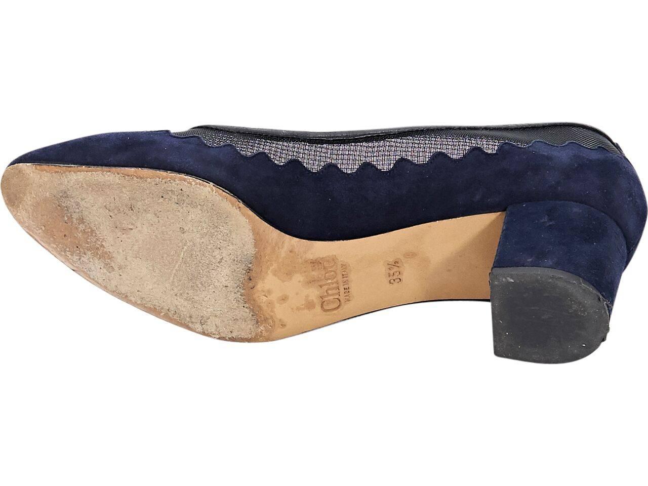 Navy Blue Chloe Scalloped Suede Kitten Heels In Good Condition In New York, NY