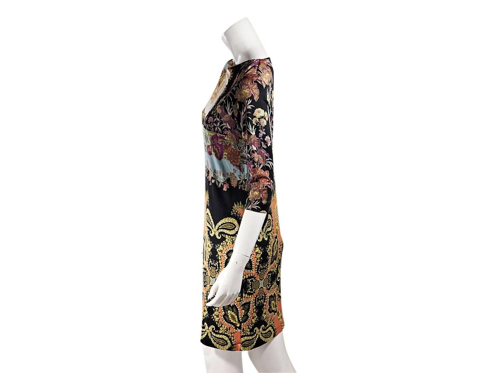 Product details:  Multicolor printed silk shift dress by Etro.  Wide jewelneck.  Elbow-length sleeves.  Pullover style.  EU size 40.  36