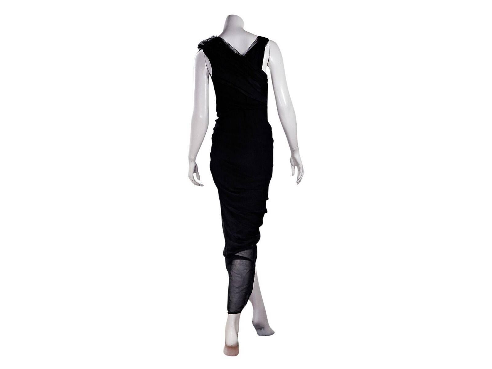 Product details:  Black silk and lace dress by 3.1 Phillip Lim.  Deep v-neck.  Asymmetrical sleeveless design.  Exposed side zip closure.  Ruching creates a flattering silhouette.  32