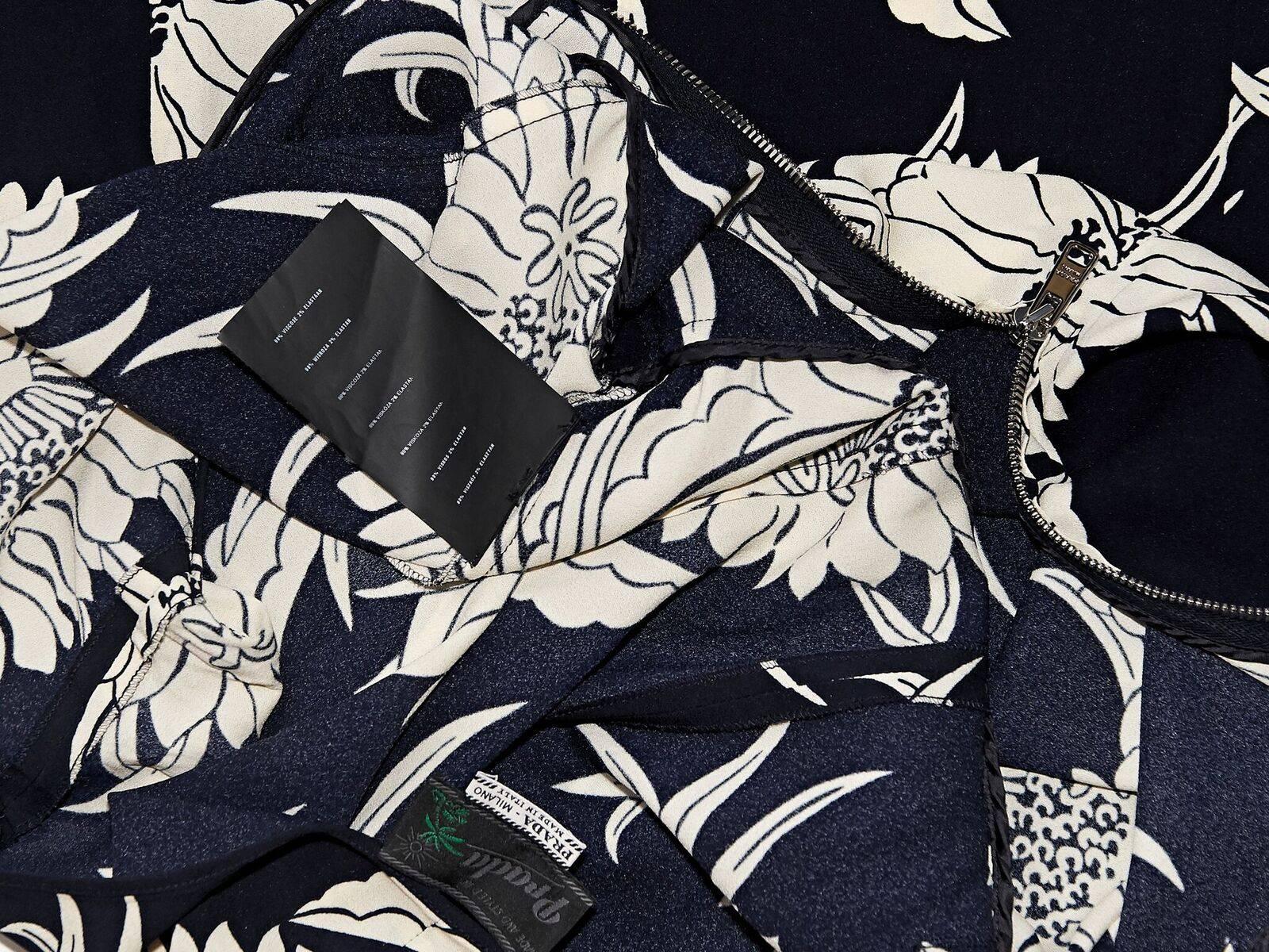 Black Navy Blue & White Prada Floral-Printed Jersey Dress