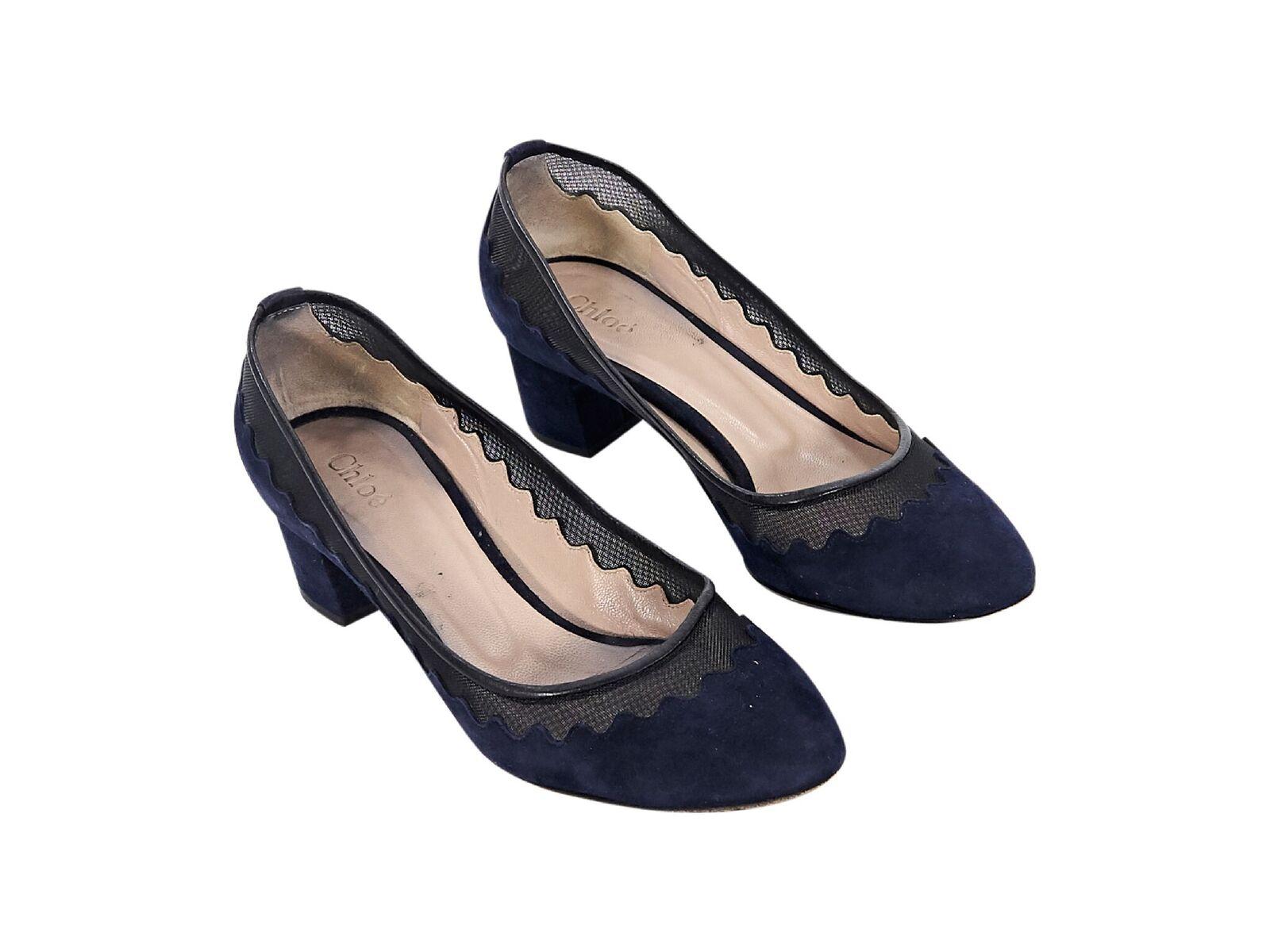 Product details:  Navy blue suede and mesh kitten heels by Chloe.  Signature scalloped detail.  Round toe.  Slip-on style.  EU size 35.5.  1.5