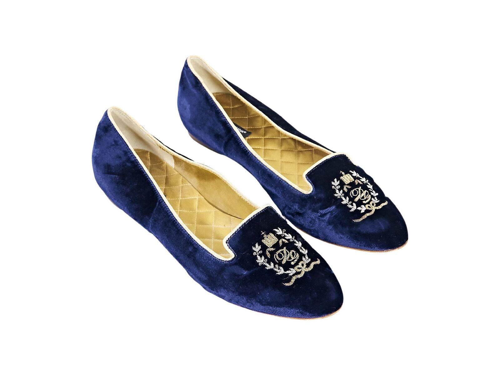Product details:  Blue velvet smoking slippers by Dolce & Gabbana.  Embroidered vamp detail.  Slip-on style. 
Condition: Pre-owned. Very good.
