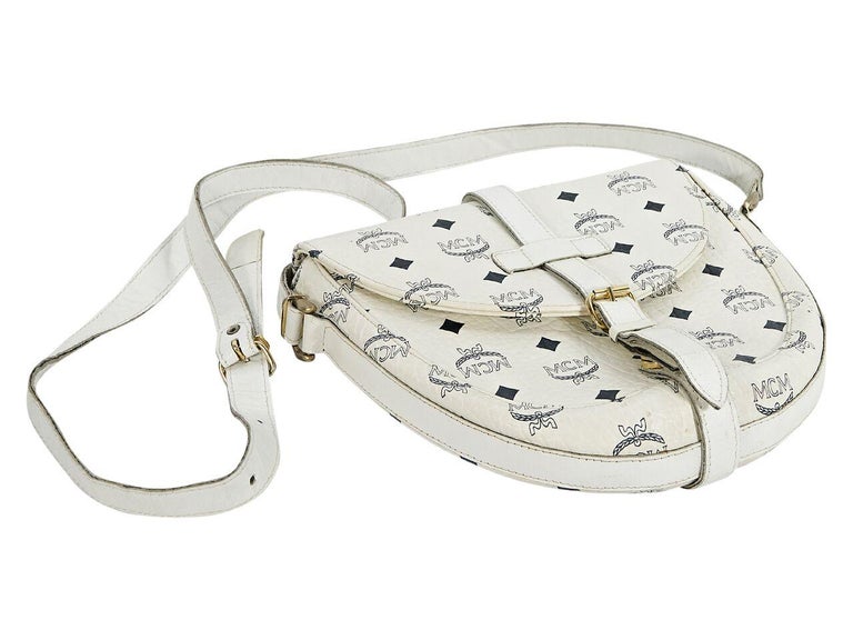 White and Black MCM LogoPrinted Leather Crossbody Bag For Sale at 1stDibs