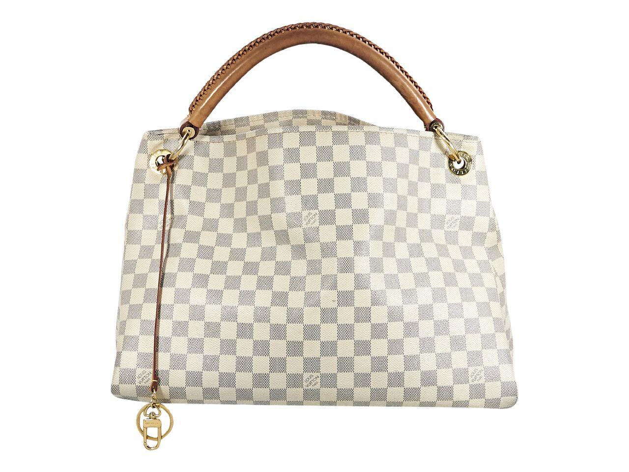Product details:  White and grey damier azur Artsy MM hobo bag by Louis Vuitton.  Single leather shoulder strap.  Open top.  Lined interior with inner zip and slide pockets.  Protective metal feet.  Goldtone hardware.  16