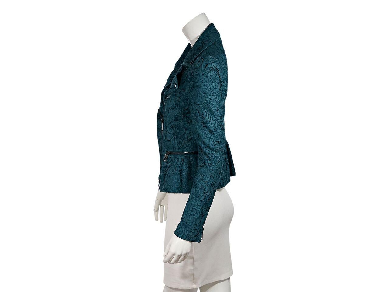 Product details:  Teal lace moto jacket by Burberry London.  Notched lapel.  Long sleeves.  Zip cuffs.  Asymmetrical zip-front closure.  Front zip pockets.  34