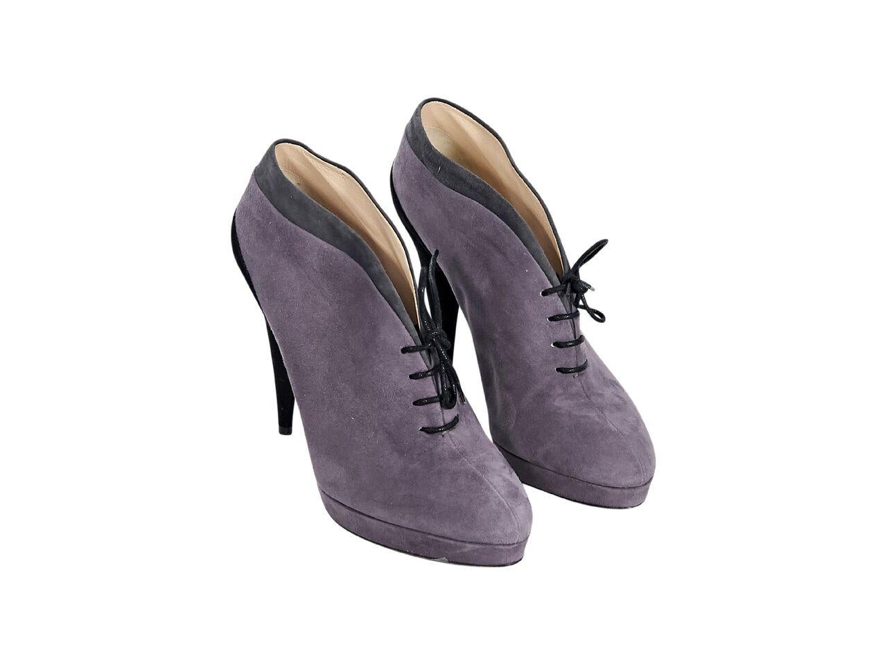 Product details:  Purple, grey and black suede platform ankle boots by Prada.  Lace-up closure.  Round almond toe. Conical heel.  4.5
