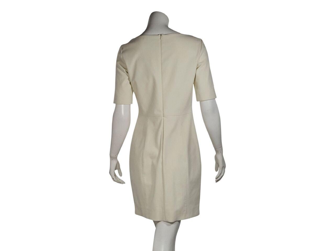 Product details:  Ivory stretch cotton-blend sheath dress by The Row.  Boatneck.  Elbow-length sleeves.  Concealed back zip closure.  34