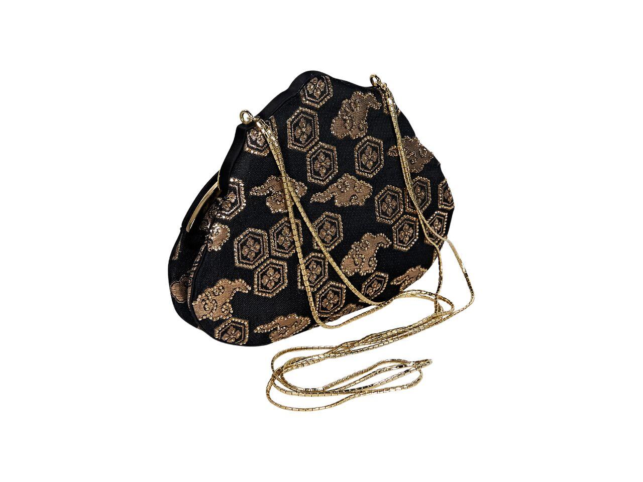 Product details:  Vintage black and gold embroidered evening bag by Judith Leiber.  Chain crossbody strap.  Push-clasp closure.  Lined interior with inner slide pockets.  8.5