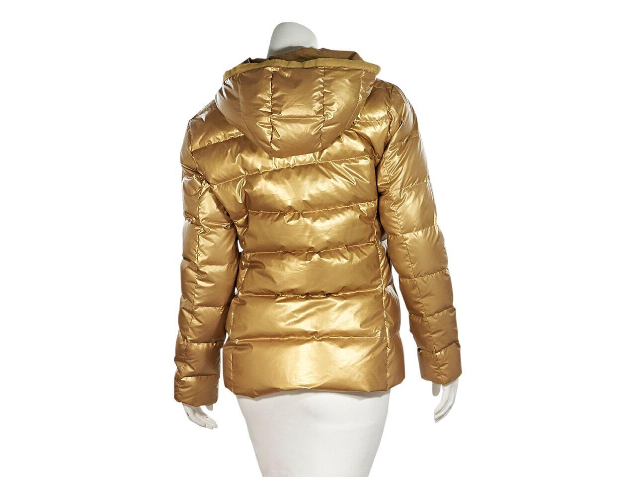 Product details:  Gold down hooded puffer coat by Moncler.  Long sleeves.  Zip-front closure.  On-seam pockets.  
Condition: Pre-owned. Very good. 
Est. Retail $ 1,495.00