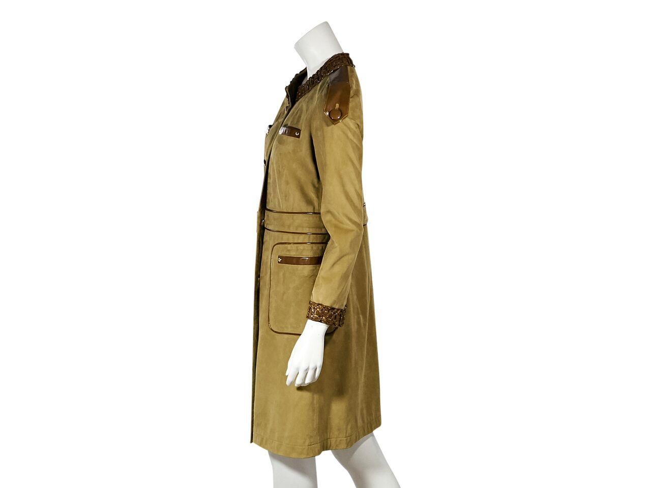 Product details:  Tan suede coat by Etro.  Trimmed with patent leather.  Button shoulder epaulettes.  Long sleeves.  Button-front closure.  Front slide pockets.  33