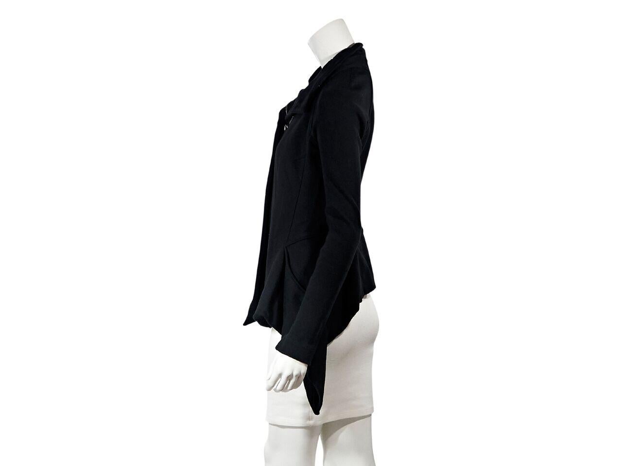 Product details:  Black fitted cotton jacket by Gareth Pugh.  Spread collar.  Long sleeves.  Concealed zip front closure.  Asymmetrical hem.  34