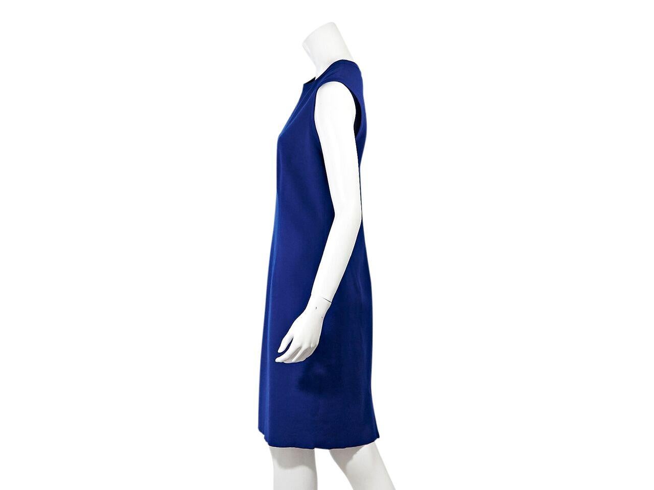 Product details:  Cobalt blue stretch-wool sheath dress by Lanvin.  Jewelneck.  Sleeveless.  Back zip closure.  33