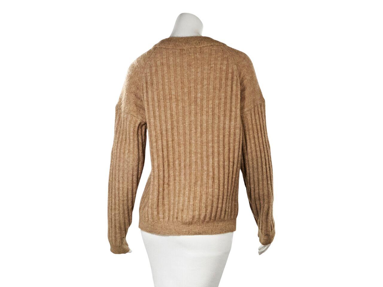 Product details:  Tan mohair-blend ribbed sweater by Acne Studios.  Jewelneck.  Long sleeves.  Pullover style.  39
