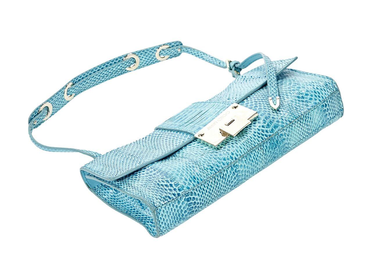 Product details:  Blue snakeskin shoulder bag by Jimmy Choo.  Single shoulder strap.  Front flap with flip-lock closure.  Lined interior with inner zip pocket.  Goldtone hardware.  10.25