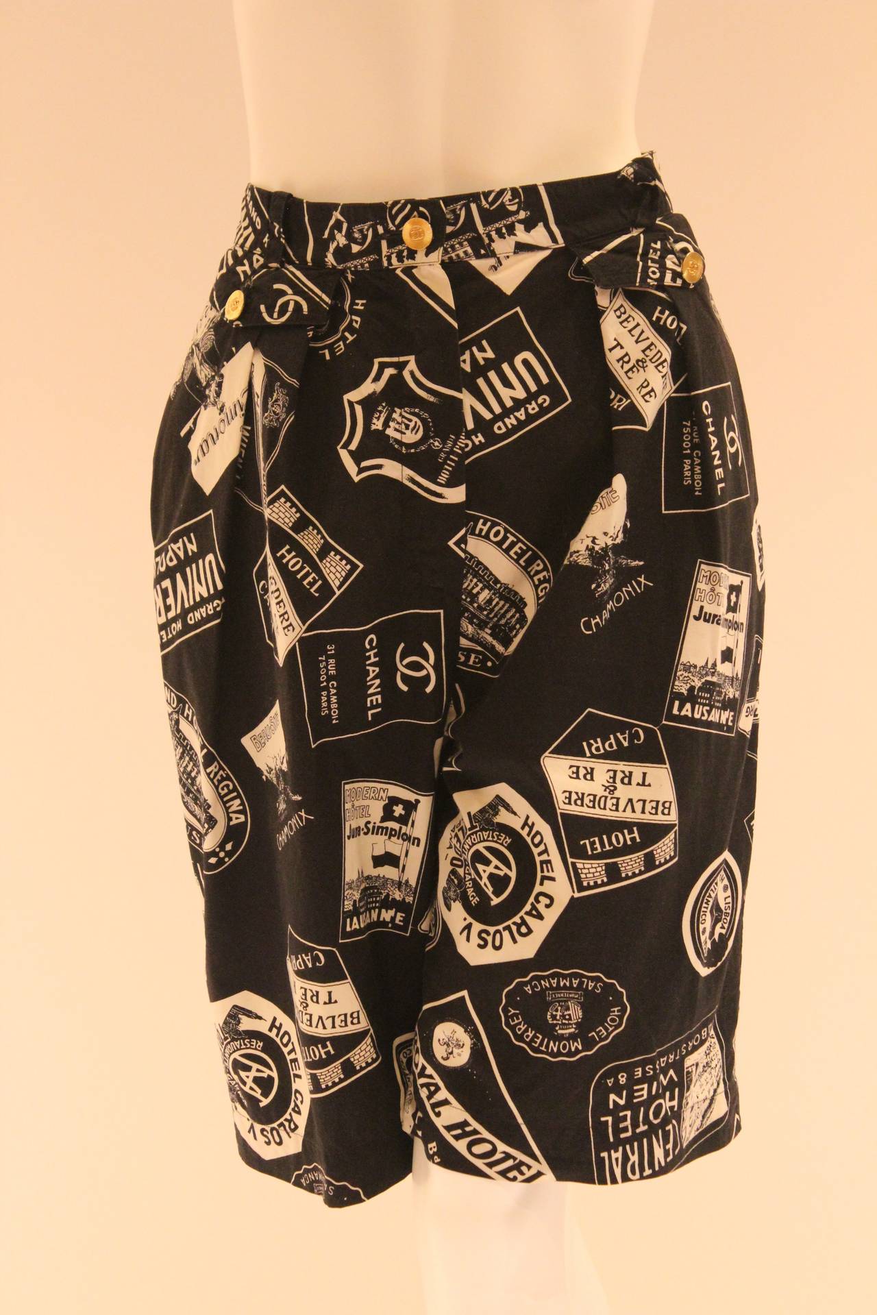 With their bold imprints of Chanel and renowned hotel signs, these patterned shorts are gorgeous and eye-catching. Two pockets are embedded on either hip, both of which close a gold-tone button embossed with the Chanel logo. Also contain a front