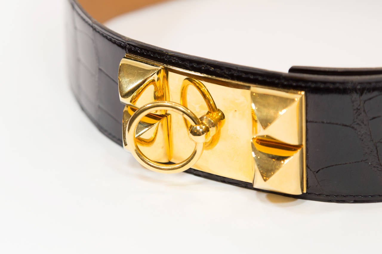 Hermes Black Collier de Chien Crocodile Belt In Excellent Condition In New York, NY