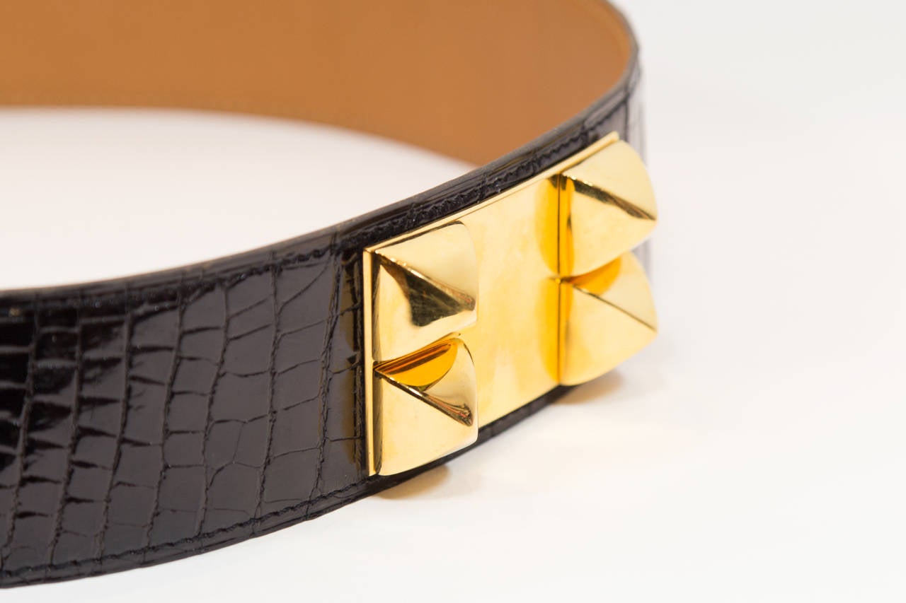 Women's Hermes Black Collier de Chien Crocodile Belt